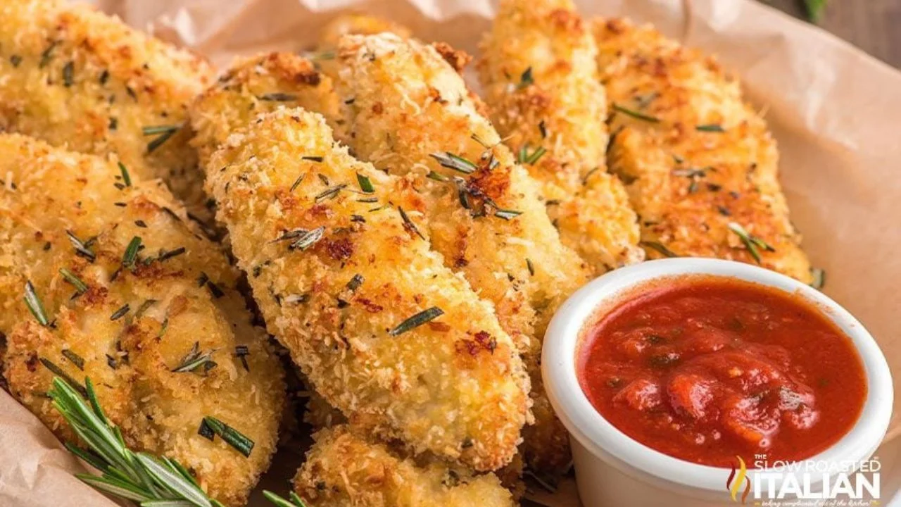 Parmesan Chicken Fingers with Garlic Cheese Sauce